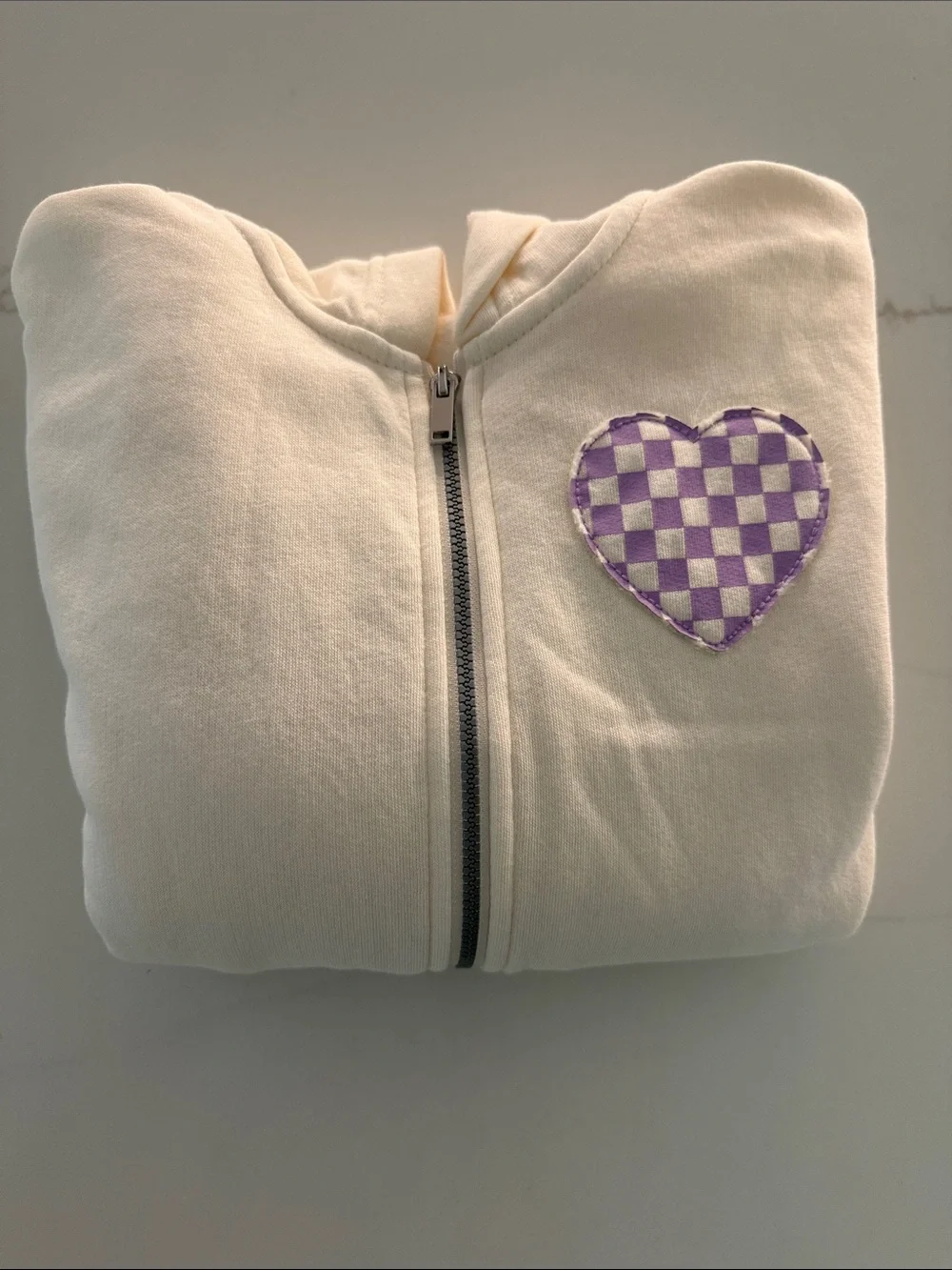 Old Navy Cream Zip Hoodie with Lavender Checkered Heart